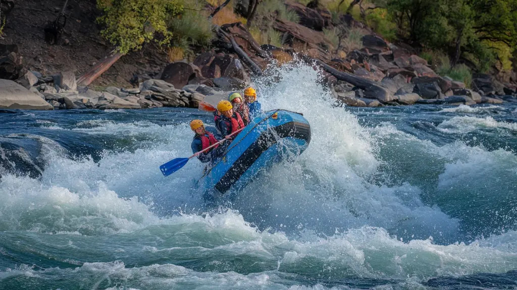 Rafters conquering challenging rapids with dramatic water splashes near Asheville, NC.  