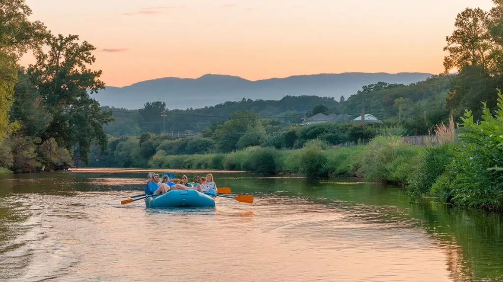 Group enjoying a calm water float trip on the French Broad River near Asheville, NC.  