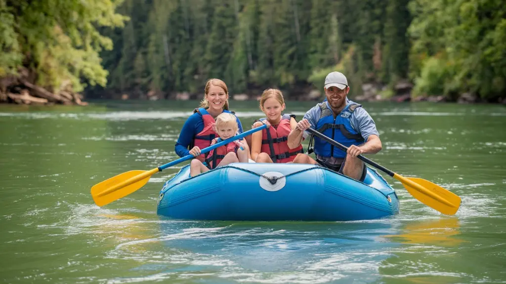 A family enjoying a calm rafting experience on the Pigeon River in Tennessee. 