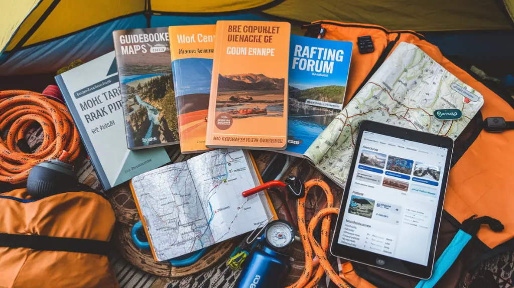 Guidebooks, maps, and online resources for independent rafting on the Kern River, surrounded by outdoor gear.  