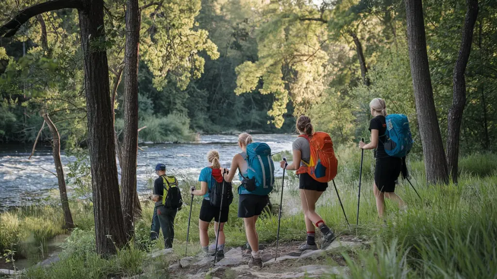 Group of adventurers hiking through the forests of Boone, NC, showcasing other outdoor activities.