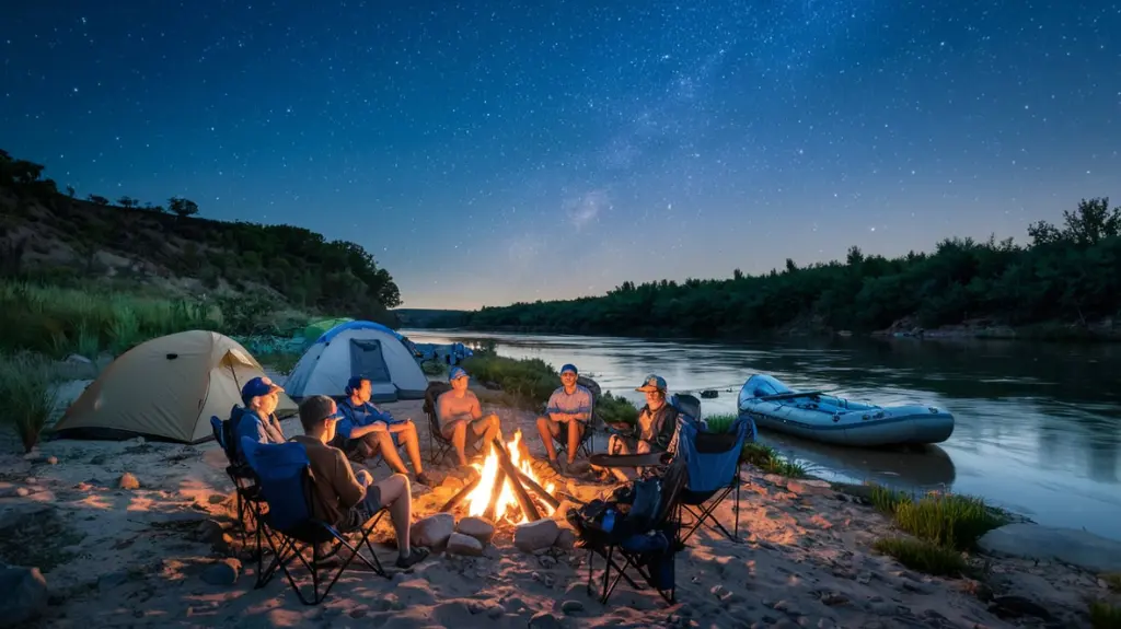 Rafters camping by the river in Glacier National Park, highlighting overnight rafting adventure possibilities.