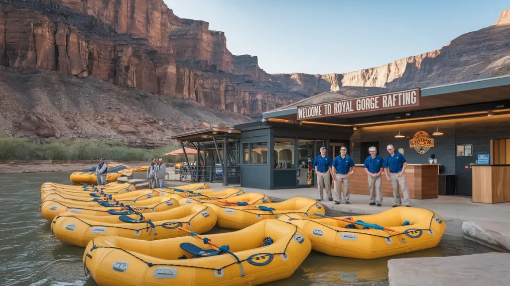 Modern rafting outfitter base camp near the Royal Gorge with guides and equipment.  