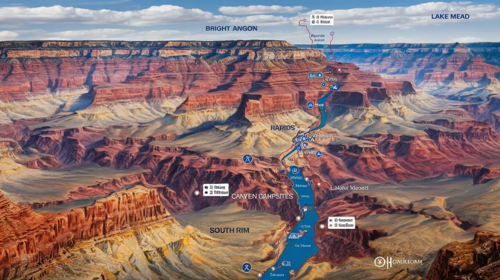 A map of the Grand Canyon showing key rafting routes, campsites, and landmarks. 