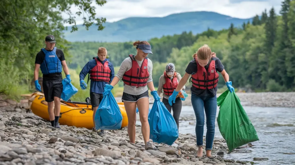 Rafters picking up litter along the riverbank in Boone, NC, promoting environmental stewardship.