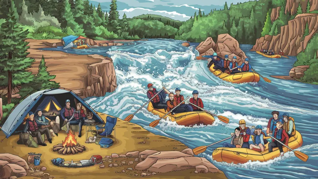 Illustration of specialized rafting adventures in North Carolina, including overnight trips and family-friendly floats.