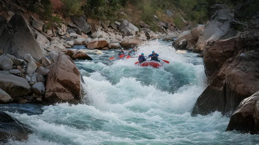 Rafters conquering intense rapids on the Middle Fork of the American River. 