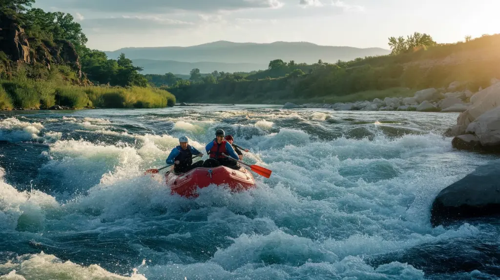 Experienced rafters navigating through challenging rapids on the Chattahoochee River in Helen, GA, with rugged natural landscape.