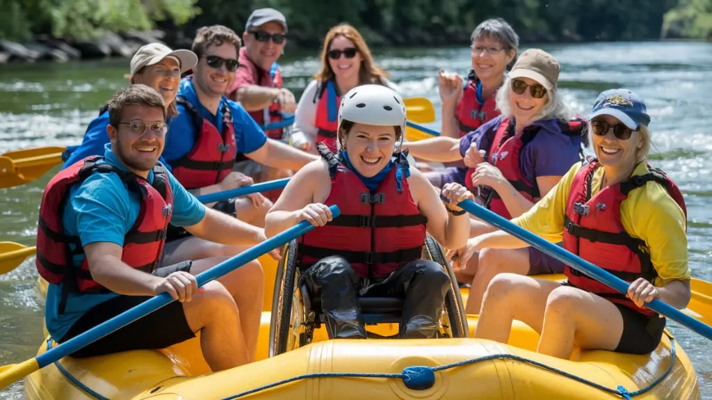 A diverse group of rafters, including adaptive rafting participants, on the American River.  