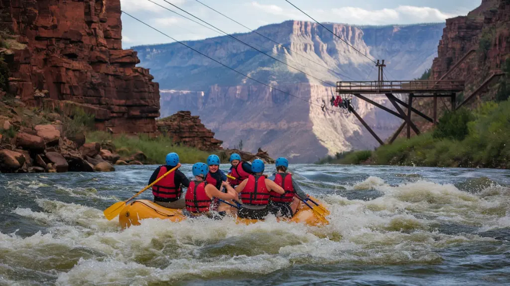 Rafters preparing for a zipline adventure over the Royal Gorge canyon after rafting.  
