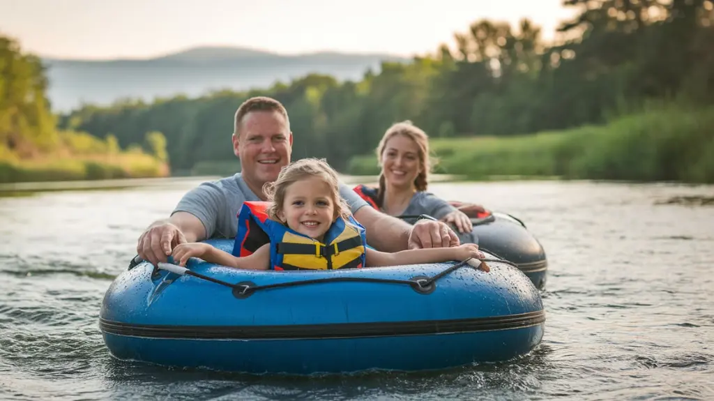 Family enjoying a gentle tubing experience on the Chattahoochee River in Helen, GA, surrounded by beautiful natural scenery.