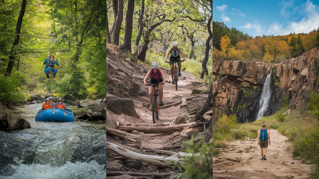 A collage of outdoor activities in Tennessee, including rafting, ziplining, and hiking. 