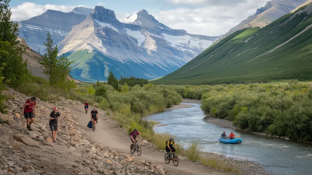 Multi-sport adventurers hiking, biking, and rafting in Glacier National Park, showcasing diverse outdoor activities.