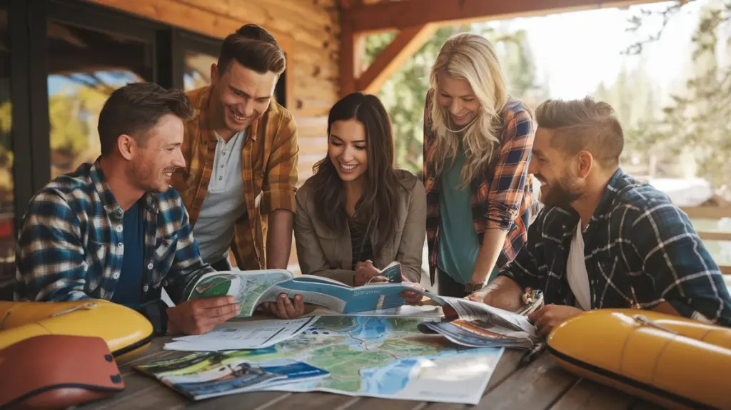 Group of friends planning their rafting trip in Colorado Springs, surrounded by maps, brochures, and rafting gear.