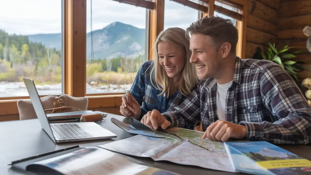 Couple planning their ultimate rafting getaway in Boone, NC, with maps and brochures.