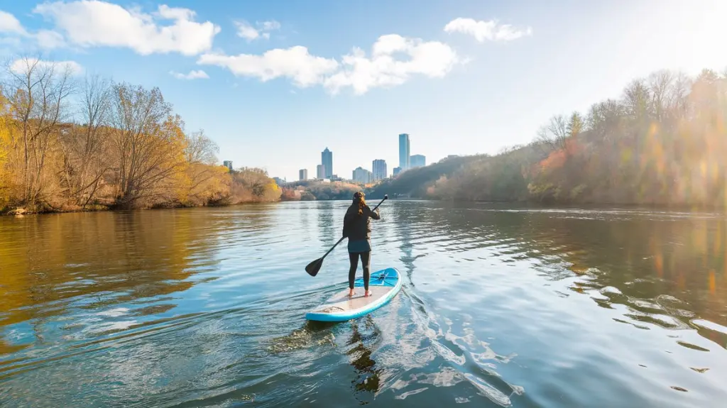 Person paddleboarding on a calm river with the Asheville skyline in the background.  