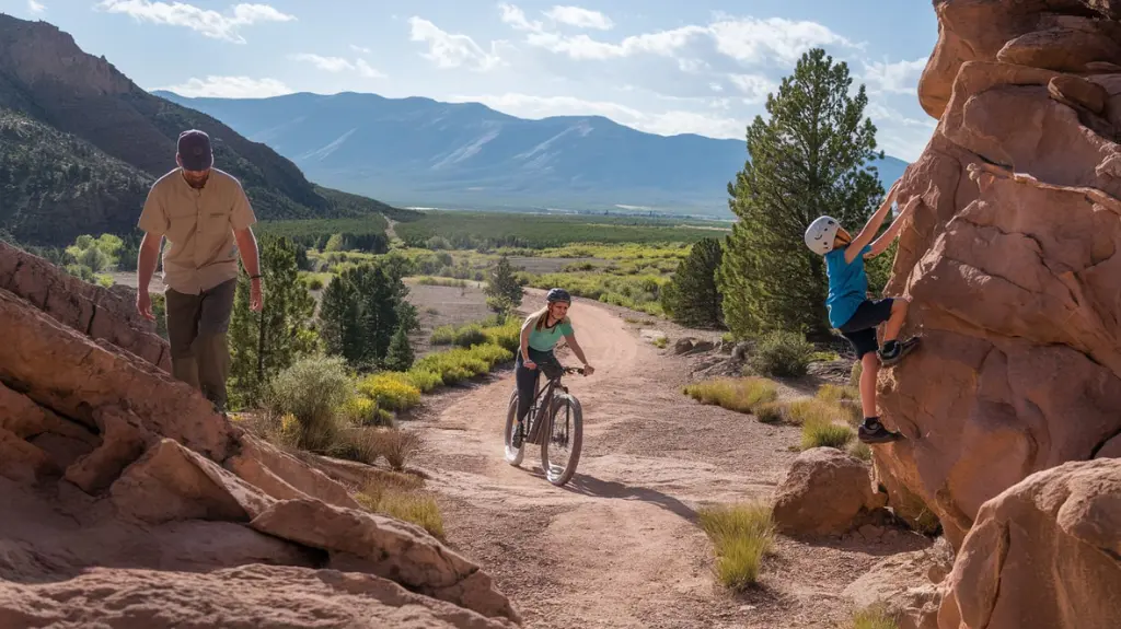 Family enjoying outdoor activities like hiking, mountain biking, and rock climbing in Colorado Springs.