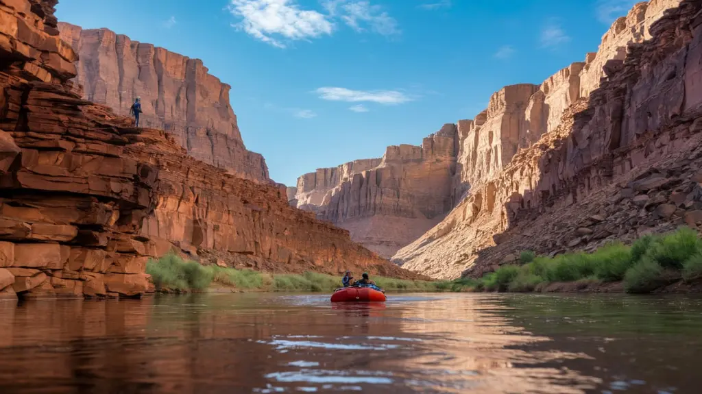 A rafting scene on the Colorado River surrounded by the majestic Grand Canyon. 