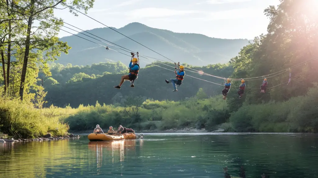 Group of adventurers combining rafting and ziplining in Helen, GA, with rafts and natural landscape in the background.