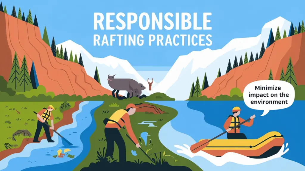 Illustration of responsible rafting practices, including picking up litter and respecting wildlife.