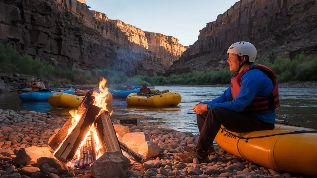 Rafter relaxing by a campfire with rafts and the Royal Gorge cliffs in the background.