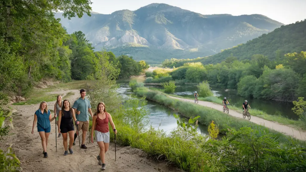 Group of friends exploring the natural beauty of Helen, GA, including hiking, mountain biking, and wildlife viewing.