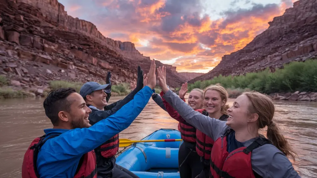 Rafters celebrating on the riverbank at sunset after an adventurous day in the Grand Canyon.