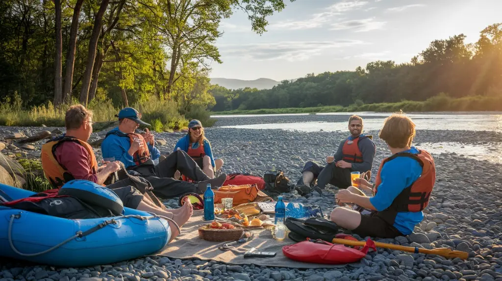 Group of rafters enjoying a picnic by the Chattahoochee River in Helen, GA, after a successful rafting trip, with scenic landscape.