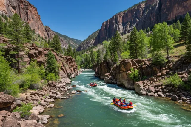 Rafters navigating Shoshone Rapids in Glenwood Canyon, Glenwood Springs