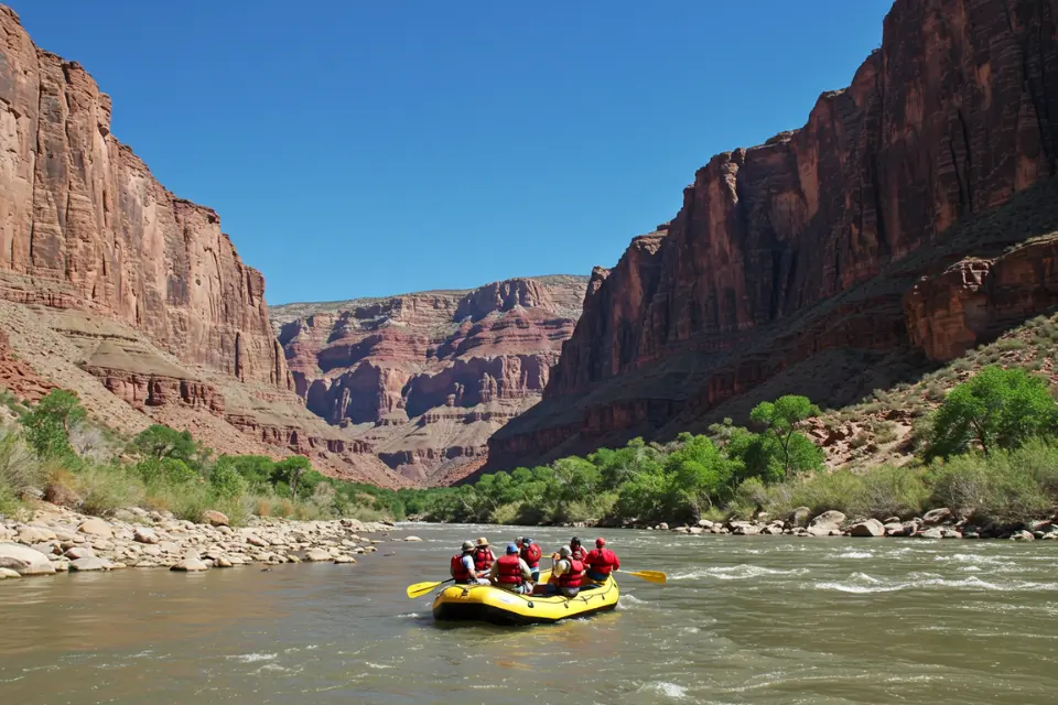 Group of rafters navigating Colorado River rapids in the Grand Canyon