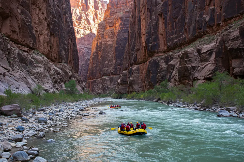 Rafters navigating the Colorado River rapids in the Grand Canyon