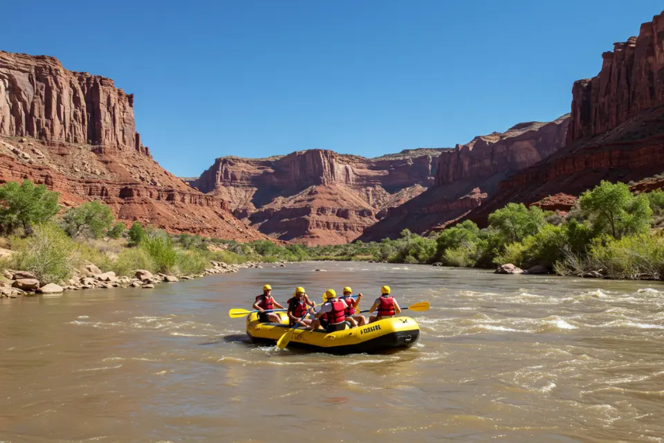 Rafters navigating the Colorado River rapids in Moab, Utah, with red rock canyons in the background.