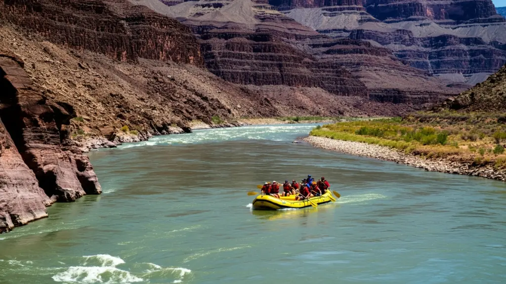 An aerial view of rafters navigating rapids on the Colorado River in the Grand Canyon.