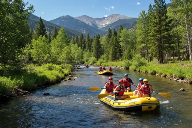 Rafters enjoying a scenic trip on Clear Creek near Idaho Springs, Colorado, surrounded by greenery and mountain views.