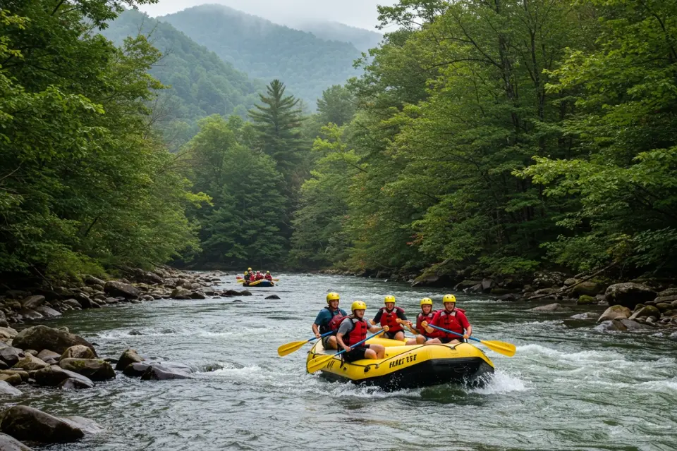 Group of adventurers rafting through rapids in the Smoky Mountains, surrounded by lush forests and misty peaks.