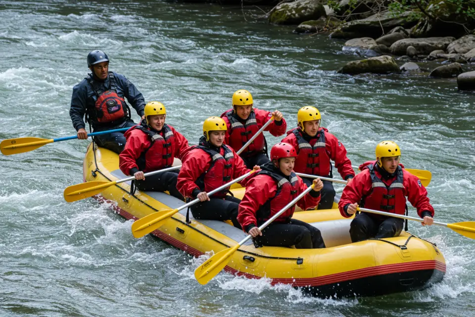 Group of rafters wearing safety gear navigating river rapids