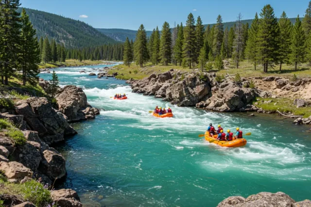 A vibrant scene of people rafting navigating the rapids of the Yellowstone River, with the backdrop of Yellowstone National Park's lush landscapes and clear blue skies