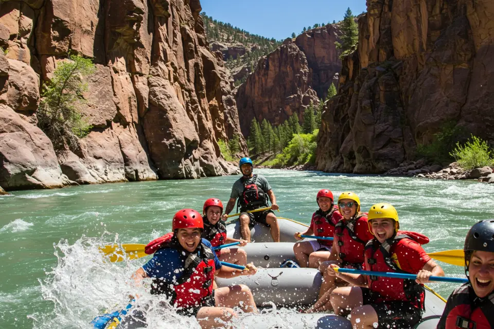 Family enjoying whitewater rafting in Glenwood Canyon