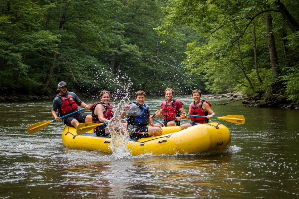 Family enjoying a peaceful rafting journey in the Smoky Mountains, with calm waters and scenic views.