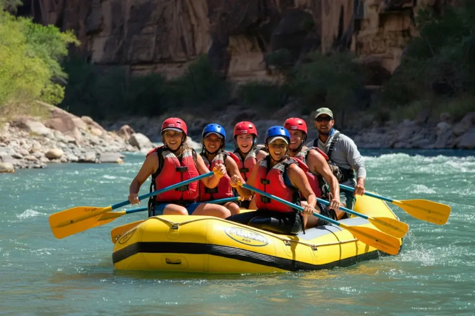 A group of rafters paddling through rapids on the Colorado River with canyon walls in the background. 