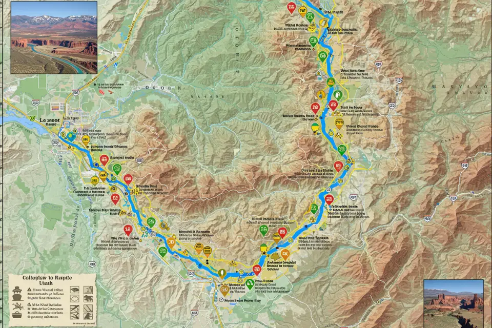 Map of Colorado River rafting routes near Moab, Utah, showing half-day and multi-day options.