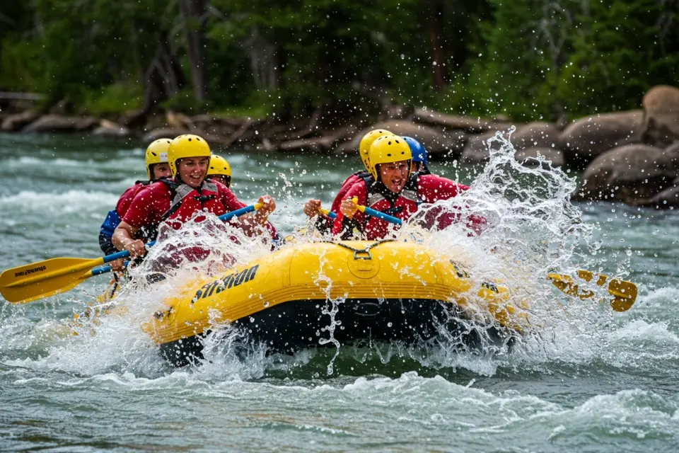 A family rafting adventure on Clear Creek in Idaho Springs, navigating whitewater rapids with splashes and excitement.