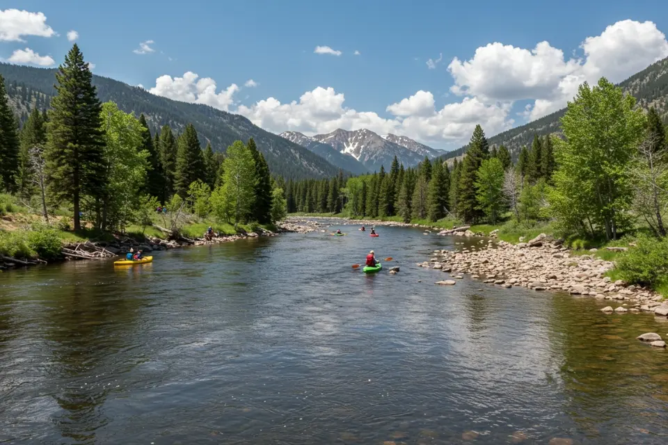 A wide-angle view of Clear Creek's riverbanks with a mix of calm stretches and mild rapids. The background shows quaint mountain scenery with hikers and kayakers, emphasizing the area's outdoor appeal.