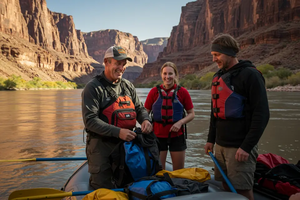 Professional rafting guide assisting guests in the Grand Canyon