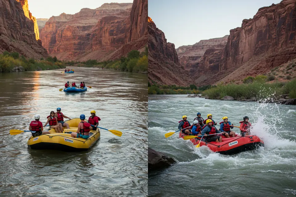 Comparison of family-friendly calm rafting and adventurous rapid rafting on the Colorado River in Moab, Utah.