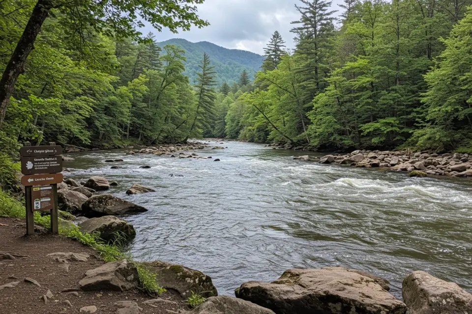 Panoramic view of calm and rapid rivers in the Smoky Mountains, offering options for both family-friendly and adventurous rafting experiences.