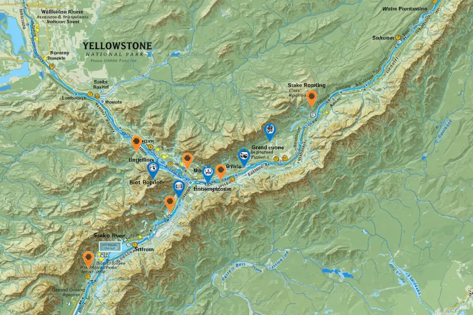 Map of major rafting rivers in Yellowstone National Park