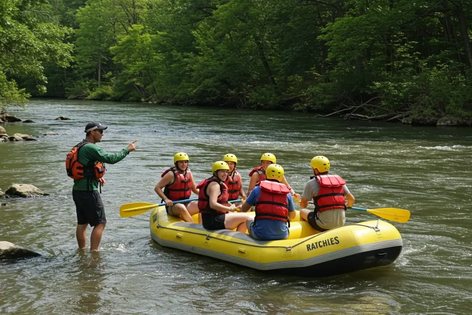 Beginner-friendly rafting trip on Clear Creek with a guide pointing out landmarks, perfect for families and first-timers. 