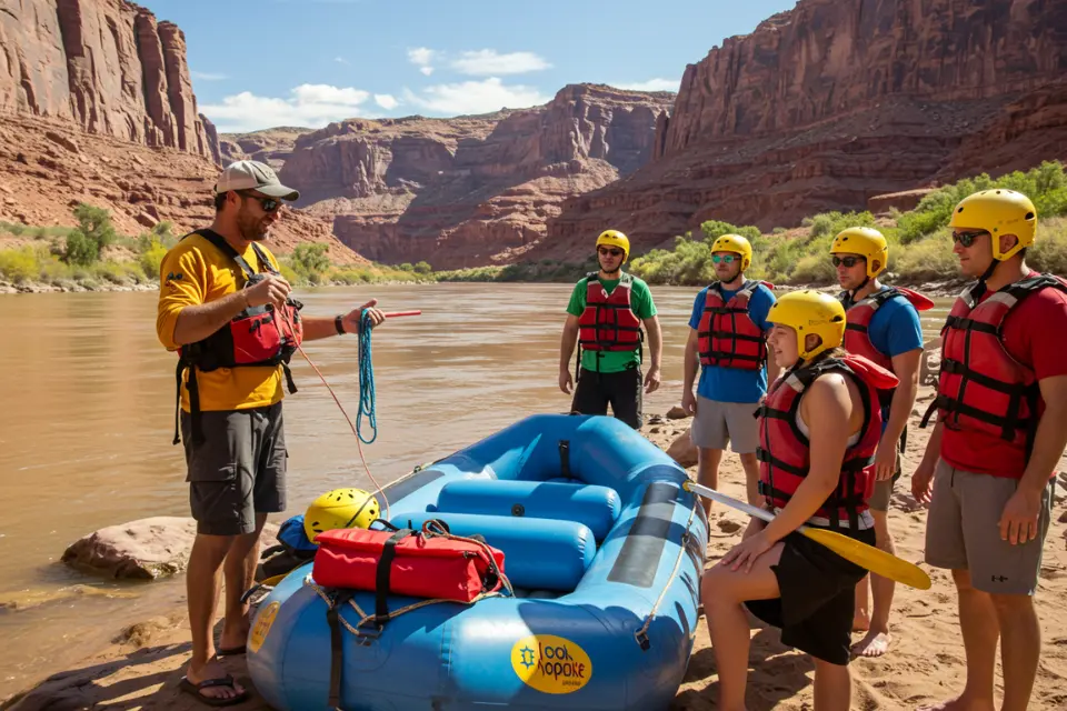 Rafting guide conducting a safety briefing with participants along the Colorado River in Moab, Utah.