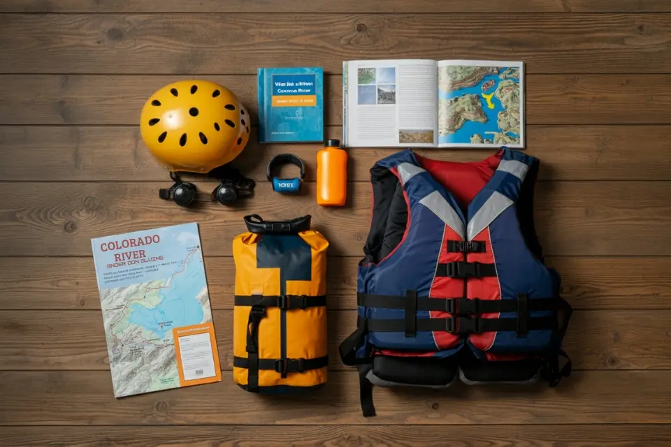 A collection of rafting essentials including a helmet, life jacket, dry bag, and a map of the Colorado River.